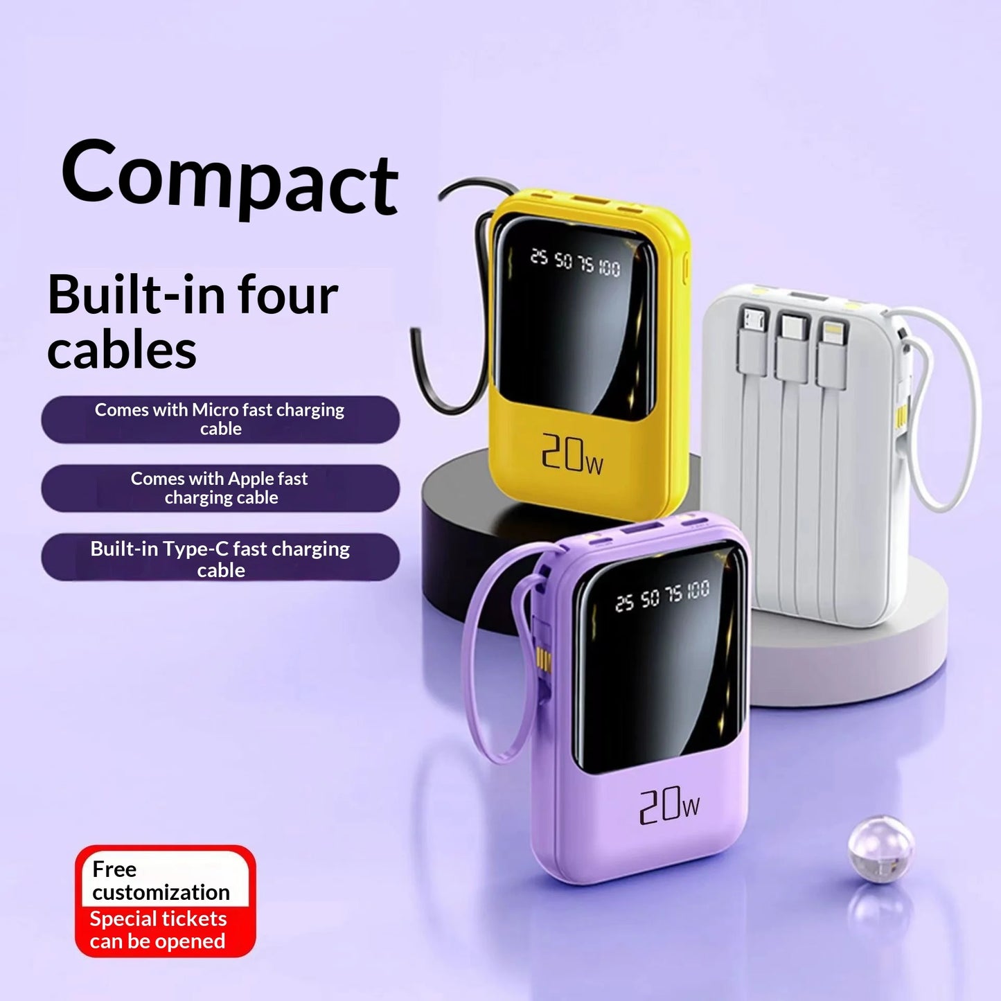 ミニ有線・デジタル表示付き 20000mAh大容量モバイルバッテリー（スマホ充電に便利）